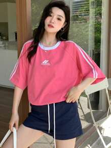 DAZY 女士夏季圆领条纹插肩袖短袖休闲T恤宽松T恤 - 粉色 - 查看 2