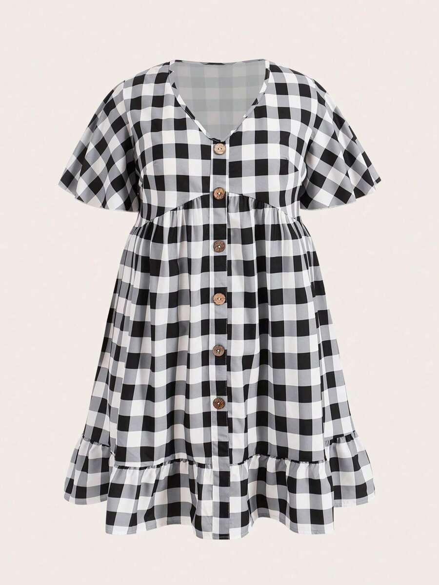 SHEIN Clasi Kích thước lớn Của phụ nữ Mùa hè Kẻ sọc Ruffle Ngắn tay Búp bê Đầm Với nút Trang trí - Nhiều màu - Xem 1