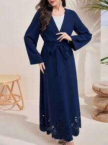 Al Najma Solid Color Belted Long Sleeve Elegant Arabic Abaya, Travel Abaya - Blue - View 6
