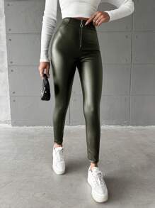 SHEIN Cottnline Women's Zipper Front Skinny Pants - Dark Green - View 3
