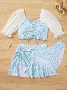 DAZY 女士夏季沙灘花卉印花荷葉邊露肩短袖比基尼套裝，3入組 - 彩色 - 查看 6