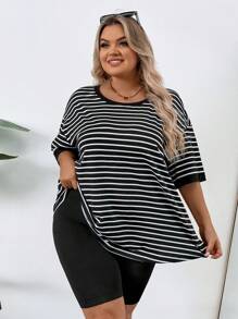 SHEIN CURVE+ 大尺碼女士休閒條紋與印花圓領下垂肩短袖T卹，夏季款式 - 黑色 - 查看 5