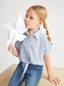 SHEIN 年輕女孩休閒合身落肩極簡條紋襯衫，綁帶肩帶設計 - 彩色 - 查看 8