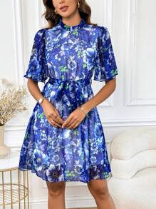 SHEIN Clasi Abito stampato floreale blu per donne in stile Bridgerton - Blu - Visualizzare 4
