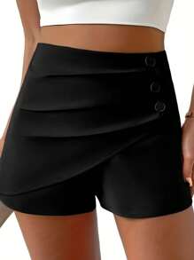 SHEIN Unity Shorts holgados simples de unicolor para mujer de talla grande - Negro - Ver 1