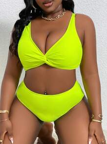 Slaydiva Plus Size Solid Color Twisted Swimwear Set For Summer Beach