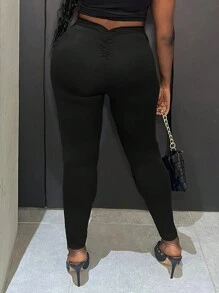 女性休閒瑜伽寬腰摺疊修身黑色打底褲，適用於音樂節 - 黑色 - 查看 2