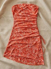 Soleia Women's Summer Holiday Floral Print Slim Fit Side Drawstring Bandeau Dress - Orange - View 5