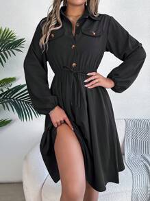 Autumn Lapel Collar Shirt Dress Tie-Waist With Mock Pockets Ruffle Trim Long Sleeve Solid Color Casual Elegance - 黑色 - 查看 5