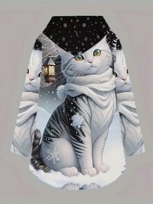 Women's Casual Fashion Round Neck Cat Print Long Sleeve Hooded Sweatshirt,Long Sleeve Tops - Black - View 3