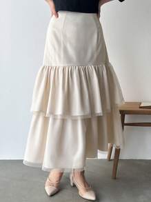 FRIFUL Women's Solid Color Casual Ruffle Hem Skirt - Apricot - View 1