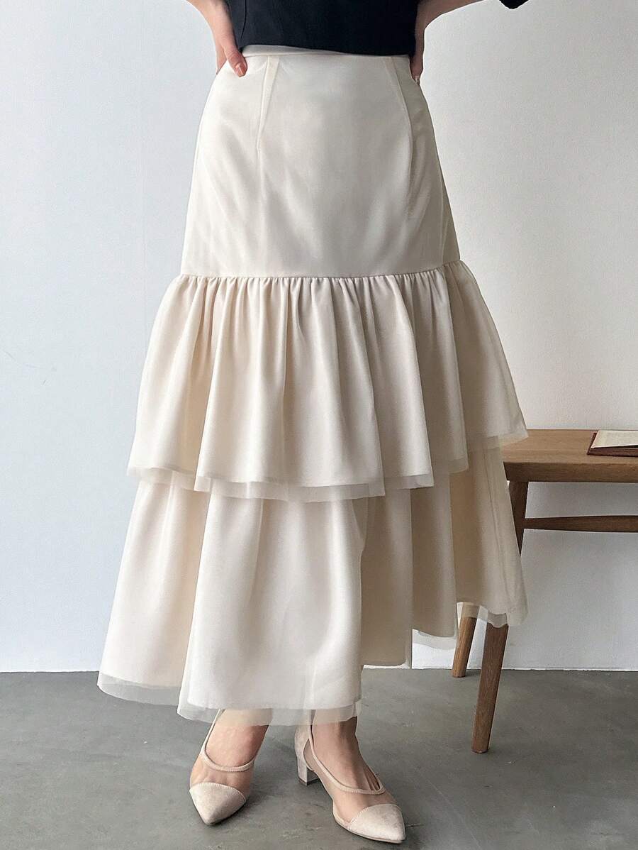 FRIFUL Women's Solid Color Casual Ruffle Hem Skirt - Apricot - View 1