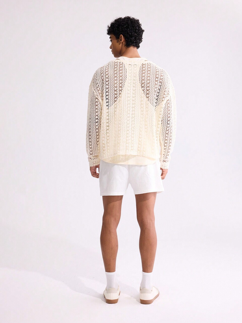 3pcs Men's Vacation Crochet In Long Sleeve T-Shirt, Tank Top And Shorts Set