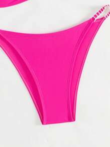 Women's Summer Beach Plain Circular Link Cross Back Sexy Bikini Set - Hot Pink - View 3