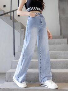 SHEIN 青少女休閒蝴蝶印花直腳牛仔褲，水洗工藝 - 淺色水洗藍 - 查看 5