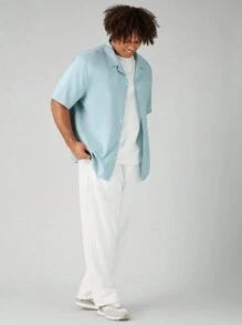 Manfinity VCAY 男士加大號仿亞麻方格紋織紋休閒短袖衫，常規肩部，展領，四向彈性 - 綠色 - 查看 3