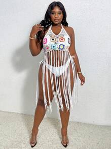 Plus Size Crochet Beach Cover Up With Fringe Hem, Open Back And Neck Tie For Summer - Multicolor - View 3