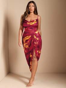 SHEIN BAE 女士加大夏季常规/节日/约会/派对 V 领开衩拼色扎染印花连衣裙，女士生日礼服 - 紅色 - 查看 1