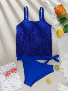 Solid Color Spaghetti Strap Tank Top And Side Tie Tankini Bottom Separates Tankini Swimwear Set, Perfect For Beach Pool Wear Summer - Royal Blue - View 1