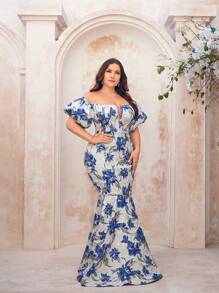 SHEIN Belle Plus Size Cinza Azul Luxo Ouro Prata Seda Jacquard Cetim Manga Princesa Sem Alças Sexy Elegante Lindo Dramático Vintage Bainha Sereia Formal Baile Jantar Noite Vestidos Semi Formal Vestido de Convidado de Casamento, Para Aniversário, Formatura, Baile de Boas-vindas - Multicolorido - Ver 5