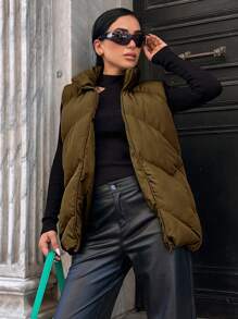 EURMUSE Zip Up Vest Puffer Coat - Brown - View 1