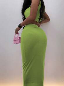 Zolique 女士夏季純色短背心和修身長裙套裝 - 綠色 - 查看 2