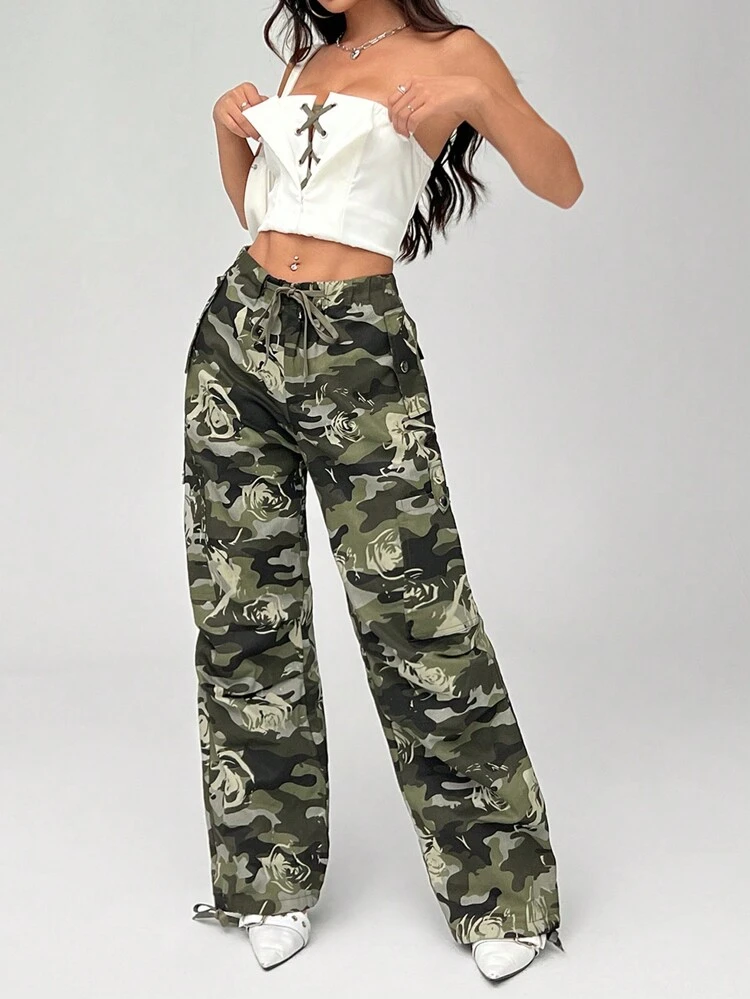 Women's Flower Camo Print Belted Casual Long Pants Fall Cloth For Women