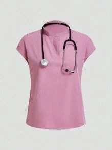 TaskEZ Conjunto de uniforme de enfermería con blusa y pantalón de unicolor de manga corta - Rosa - View 9