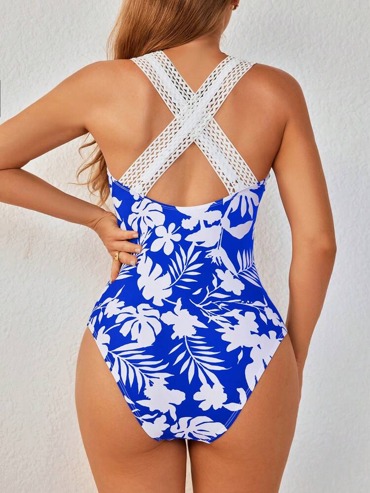 Women's Tropical Plant Print Splice Lace Cross-Back Monokini Swimsuit For Vacation Summer