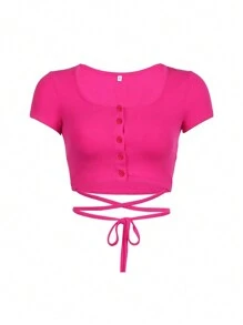 SHEIN ICON 女士夏季實色交叉式下擺單排扣短袖露腰T恤