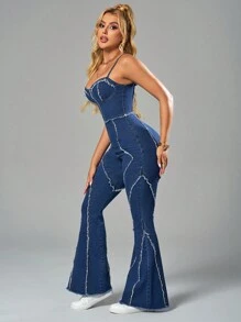 SHEIN SXY 女士日常簡約設計牛仔連身褲 - 深色水洗藍 - 查看 2