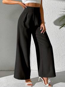 SHEIN PETITE Pantalones largos de uso diario lisos y sencillos para damas - Negro - Ver 5