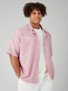 Manfinity VCAY Áo sơ mi ngắn tay in chữ cỡ lớn muối thu nhỏ dành cho nam giới cho mùa hè - Hồng - Xem 1