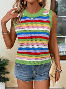 Breezaya Chaleco de suéter casual para mujer con cuello redondo y rayas de colores impresos - verde menta - Ver 1