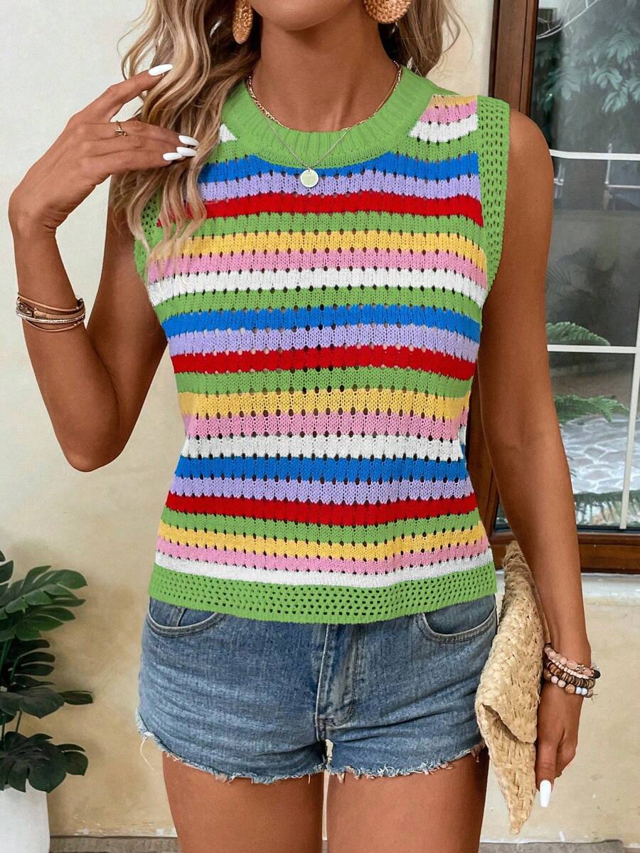 Breezaya Chaleco de suéter casual para mujer con cuello redondo y rayas de colores impresos - verde menta - Ver 1