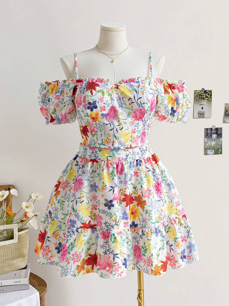 Soleia Vacation & Leisure Open Shoulder Floral Top And Skirt Plus Size 2pcs/Set - Multicolor - View 1