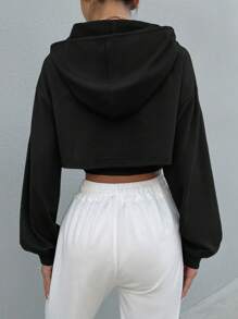 Cottnline Solid Crop Drawstring Hoodie & Cami Top - Black - View 2