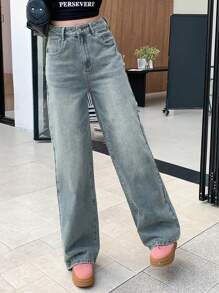 DAZY Pantalones de mezclilla rectos para mujer con bolsillos, jeans casuales - Azul - Ver 3