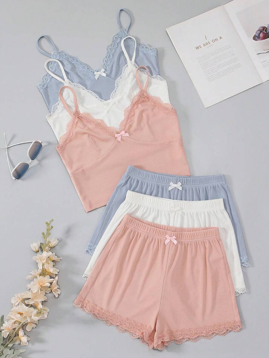 SHEIN Bộ 3 bộ đồ ngủ đơn giản màu trơn cho nữ, kích thước chuẩn/thường ngày, bộ đồ mặc ở nhà - Nhiều màu - Xem 1