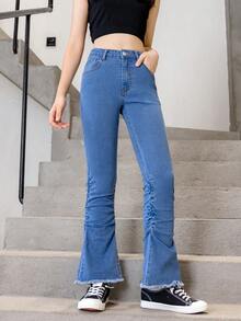Tween Girl Y2K Sweet And Cool Street-Style Ruched And Frayed-Edge Flared Jeans With Adjustable Waist - Medium Wash - View 4