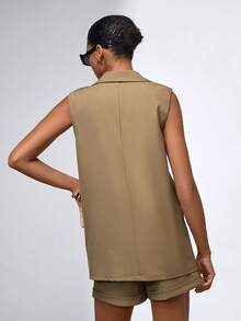 Women Fashionable Solid Color Sleeveless Blazer And Shorts Suit - Khaki - View 3