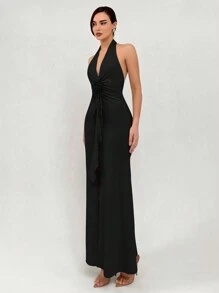 Aloruh Elegant And Sexy Deep V-Neck Backless Concert Dress For Date Night, Spring/Summer Floral Long Dress With 3D Flower Design - Black - View 4