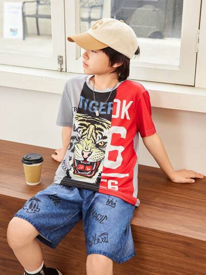 SHEIN 青少年男孩簡約印花圓領短袖T恤和短褲套裝