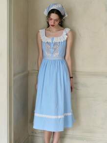 Simple Retro 女式對比花邊方領裙（前胸對稱褶皺、隨機剪裁腰線、前後腰部綻放花紋） - 藍色 - 查看 8