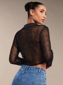 SHEIN BAE Thời trang dạo phố màu đen dành cho nữ Áo sơ mi lưới dệt kim thông thường màu đen gợi cảm để mặc hàng ngày - màu đen - Xem 2