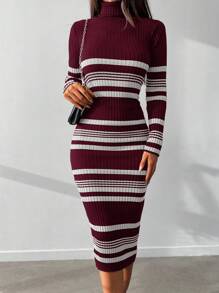 EURMUSE Striped Pattern Turtleneck Bodycon Sweater Dress - Red and White - View 5
