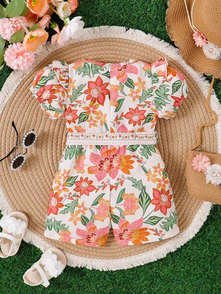 Baby Girl V-Neck Princess Bubble Hem Embroidered Short-Sleeved Dress With Weaved Belt, Japanese Buckle, Adjustable Waist, Concealed Zipper, Cute, Comfortable And Soft, Spring/Summer