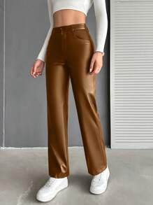EURMUSE High Waist PU Leather Wide Leg Pants - Brown - View 2