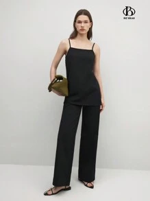 BizChic Conjunto de dos piezas elegante para mujer, sin mangas, para ir a citas. Incluye top y pantalón largo. - Negro - Ver 7