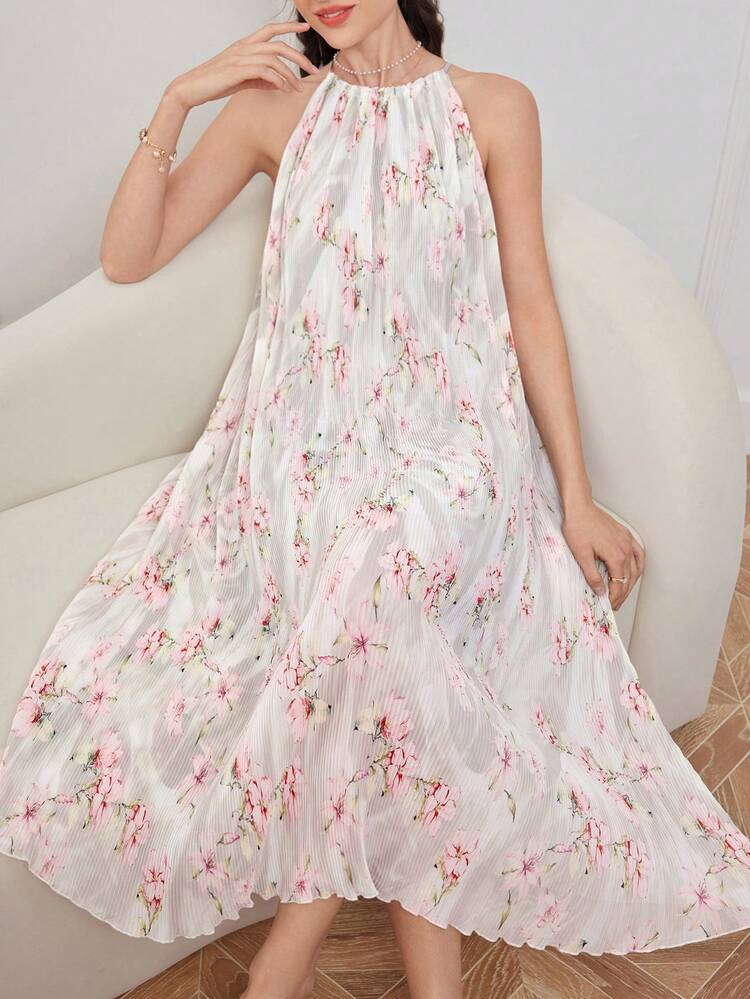 Floral Pattern Tie-Back Halter Summer Dress For Women